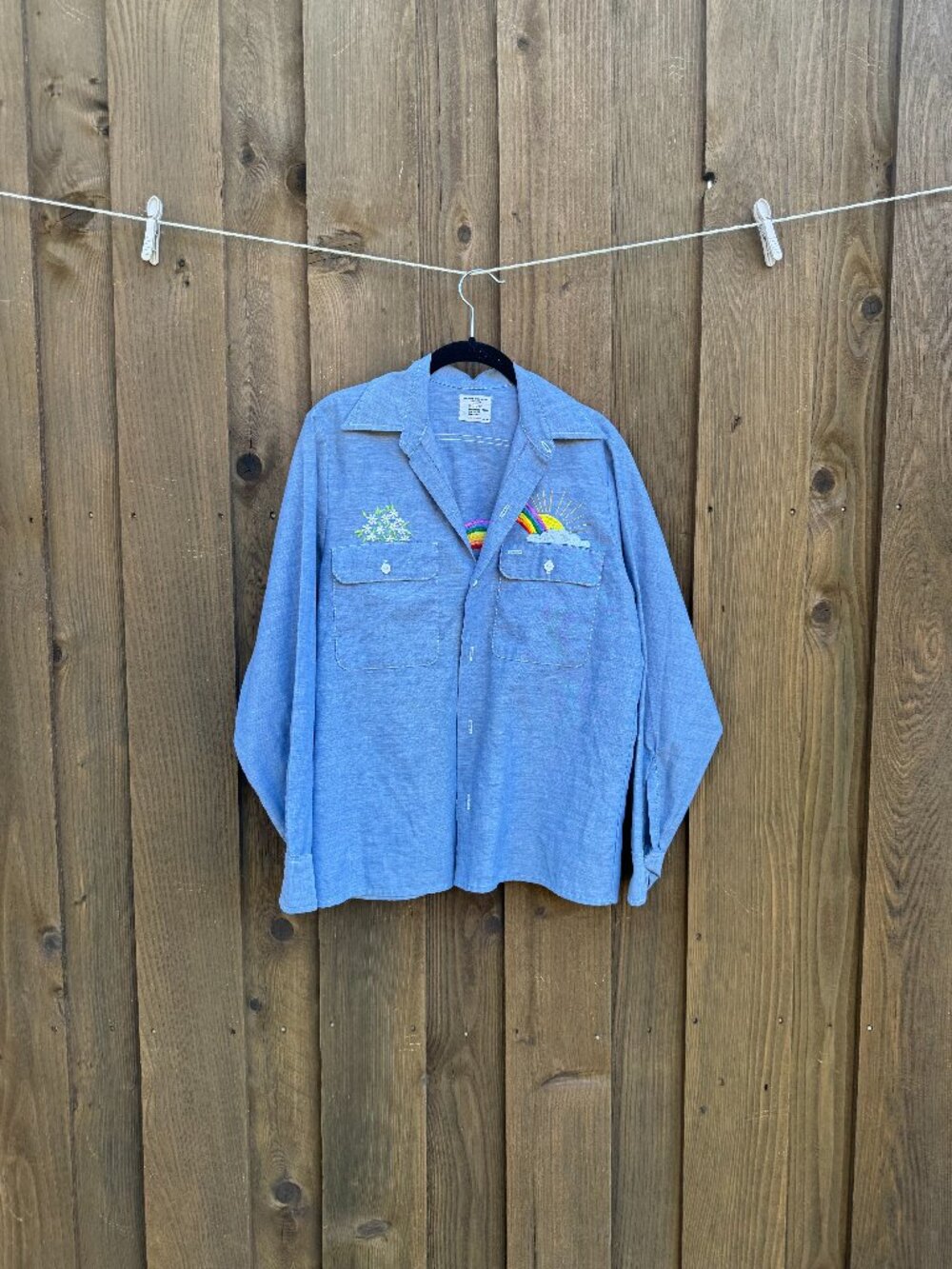 Vintage Big Mac JCPenney Embroidered 50/50 Work Shirt Rainbow Sun Cloud Womens